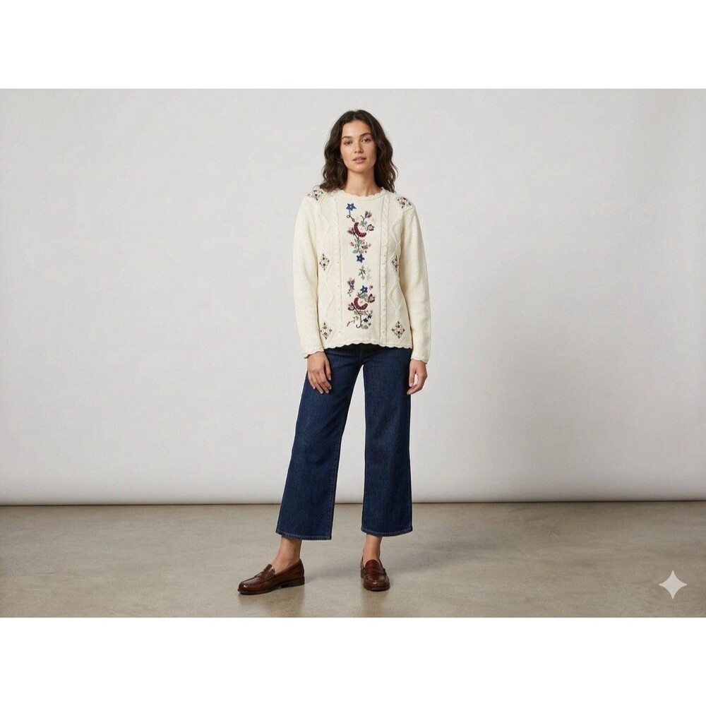 Vintage Blair Floral Embroidered Cable Knit Sweater XL Cottagecore Grandma Core